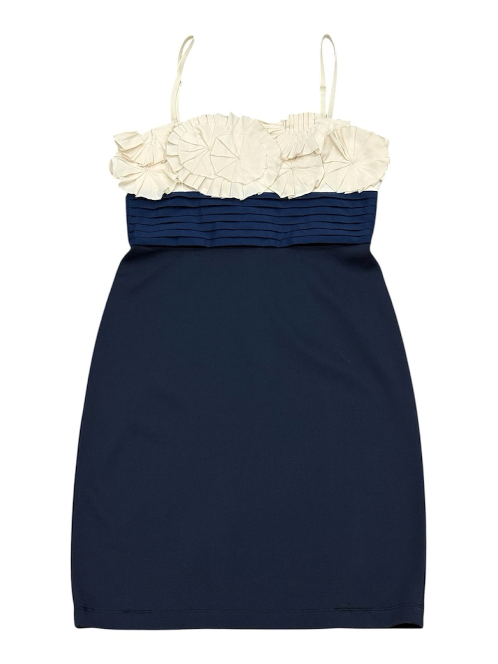 BCBGMAXAZRIA Women’s 8 Blue/Ivory Satin Sheath Spaghetti Sweetheart Zip